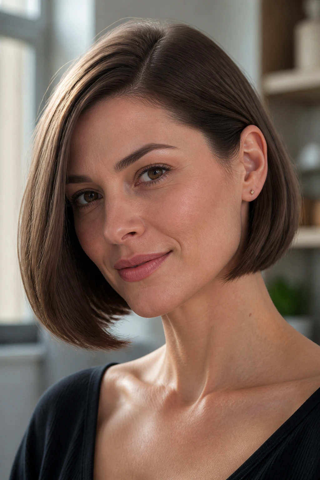 Close-up of a real woman with a jaw-skimming bob and deep side part