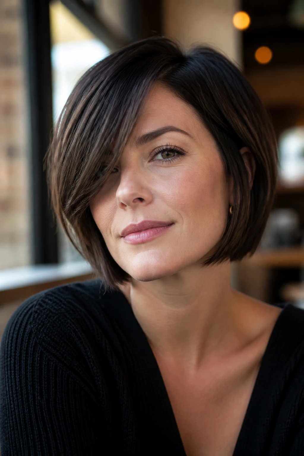 Close-up portrait of a real woman with a jaw-skimming bob and deep side sweep