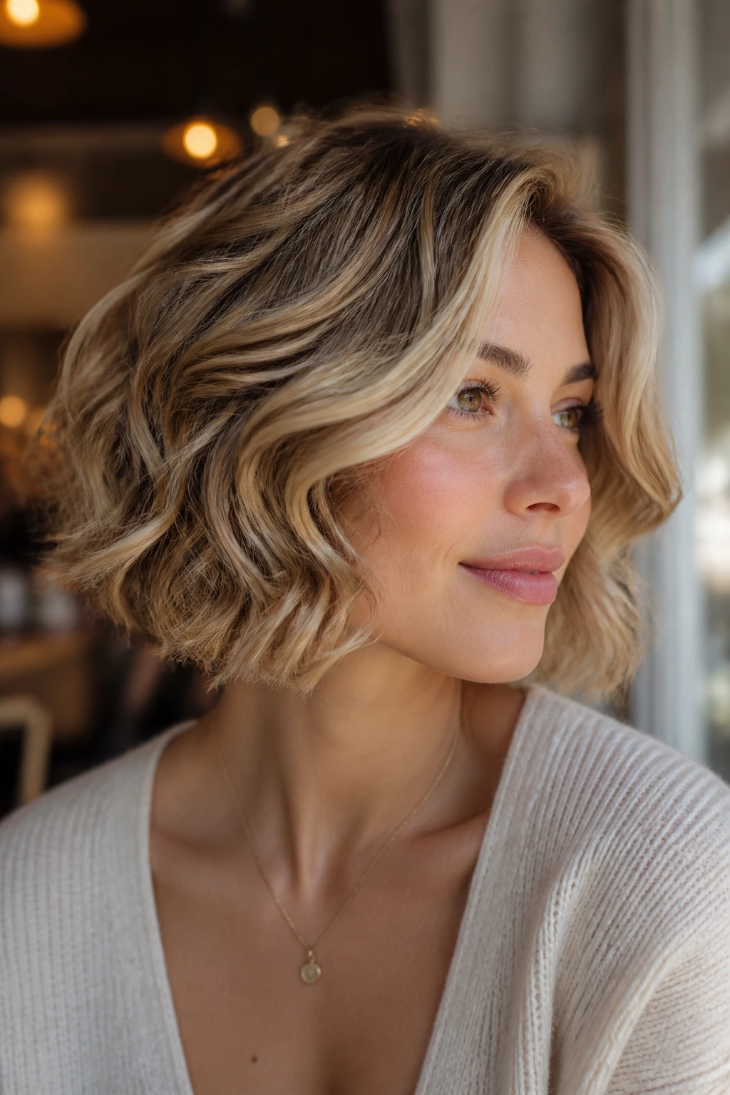 Close-up portrait of a real person with a jaw-skimming bob and face-framing lowlights.