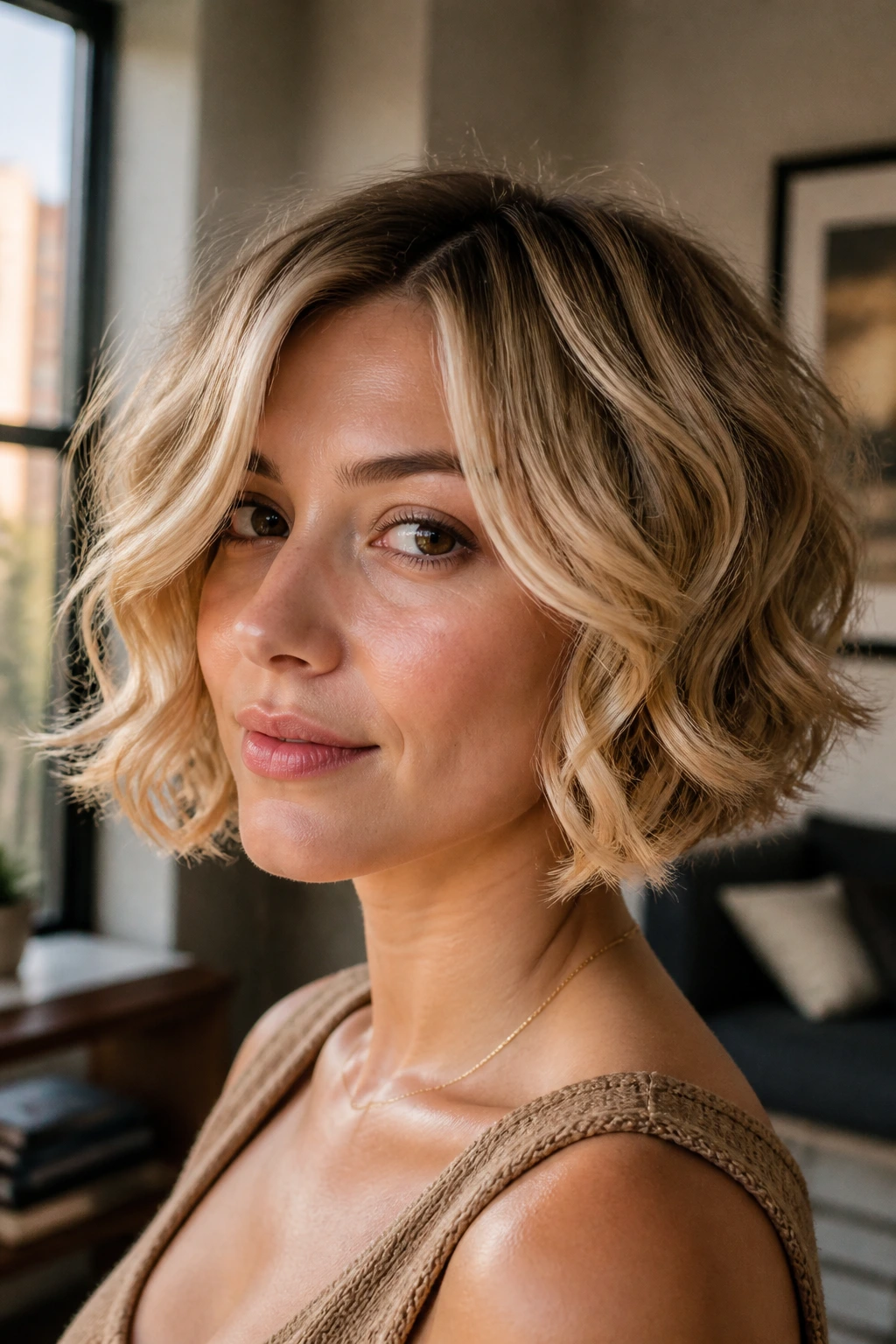 Close-up of real woman with jaw-skimming bob and face-framing lift in natural light.