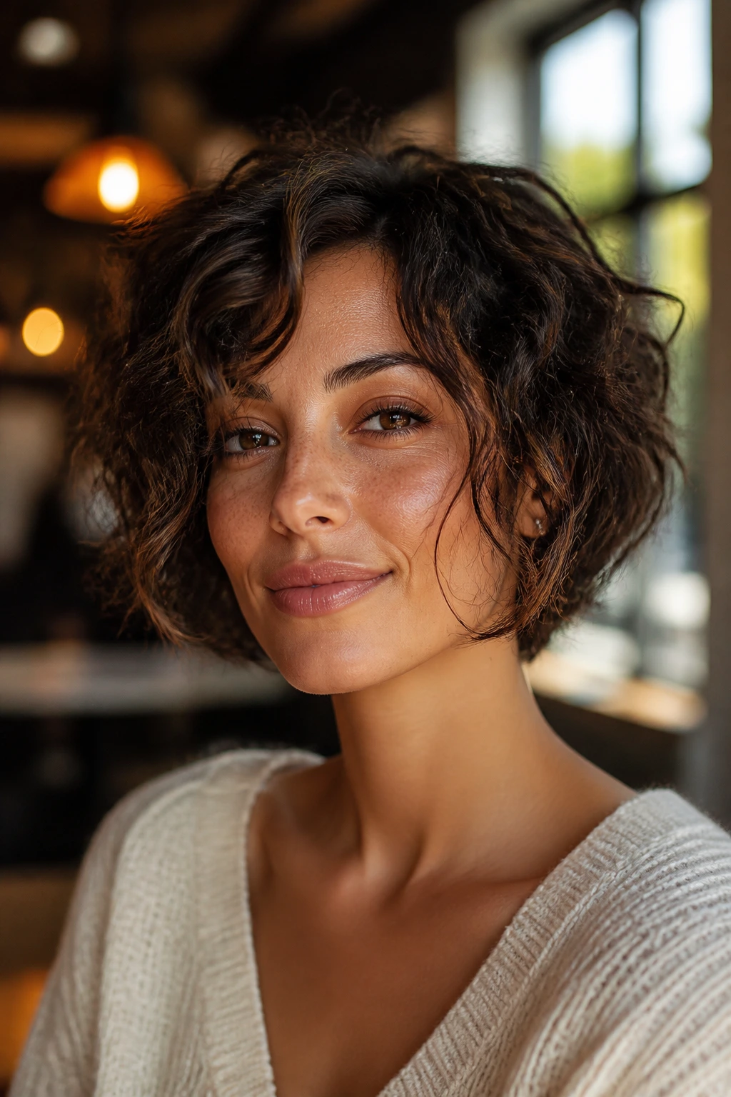 Real woman with jaw-skimming bob and face-framing pieces