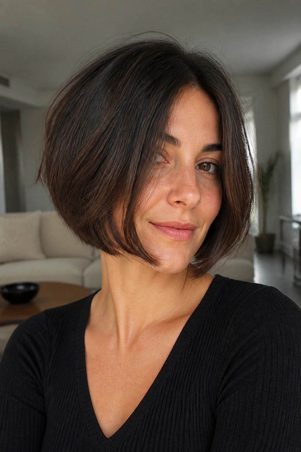 Real woman with jaw-skimming bob and hidden layers portrait