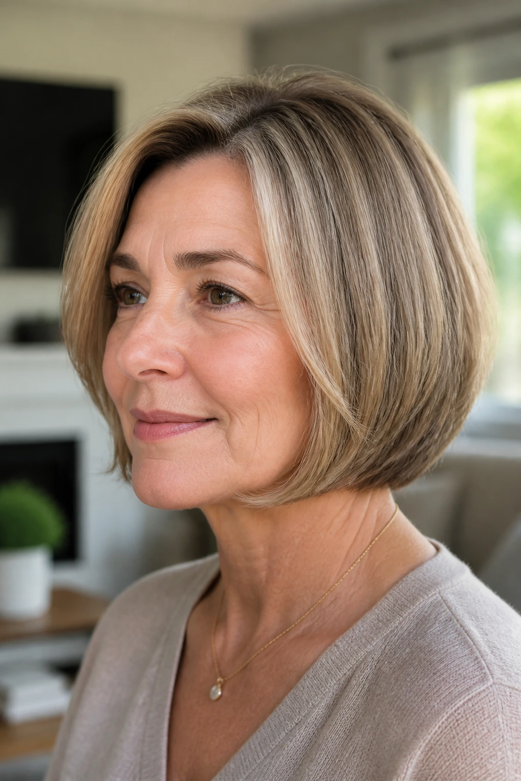 Close-up of a real woman with a jaw-skimming bob and inward layers