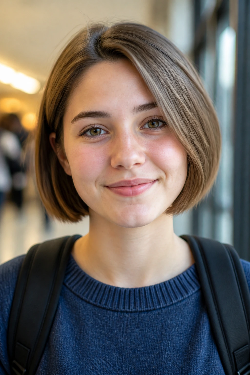 Student with jaw-skimming bob and side part in a school setting