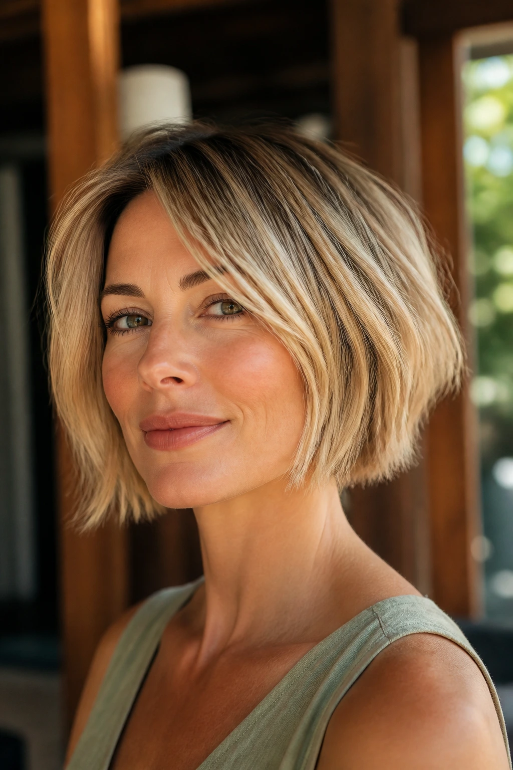 Portrait of a real woman with a jaw-skimming bob and wispy ends.