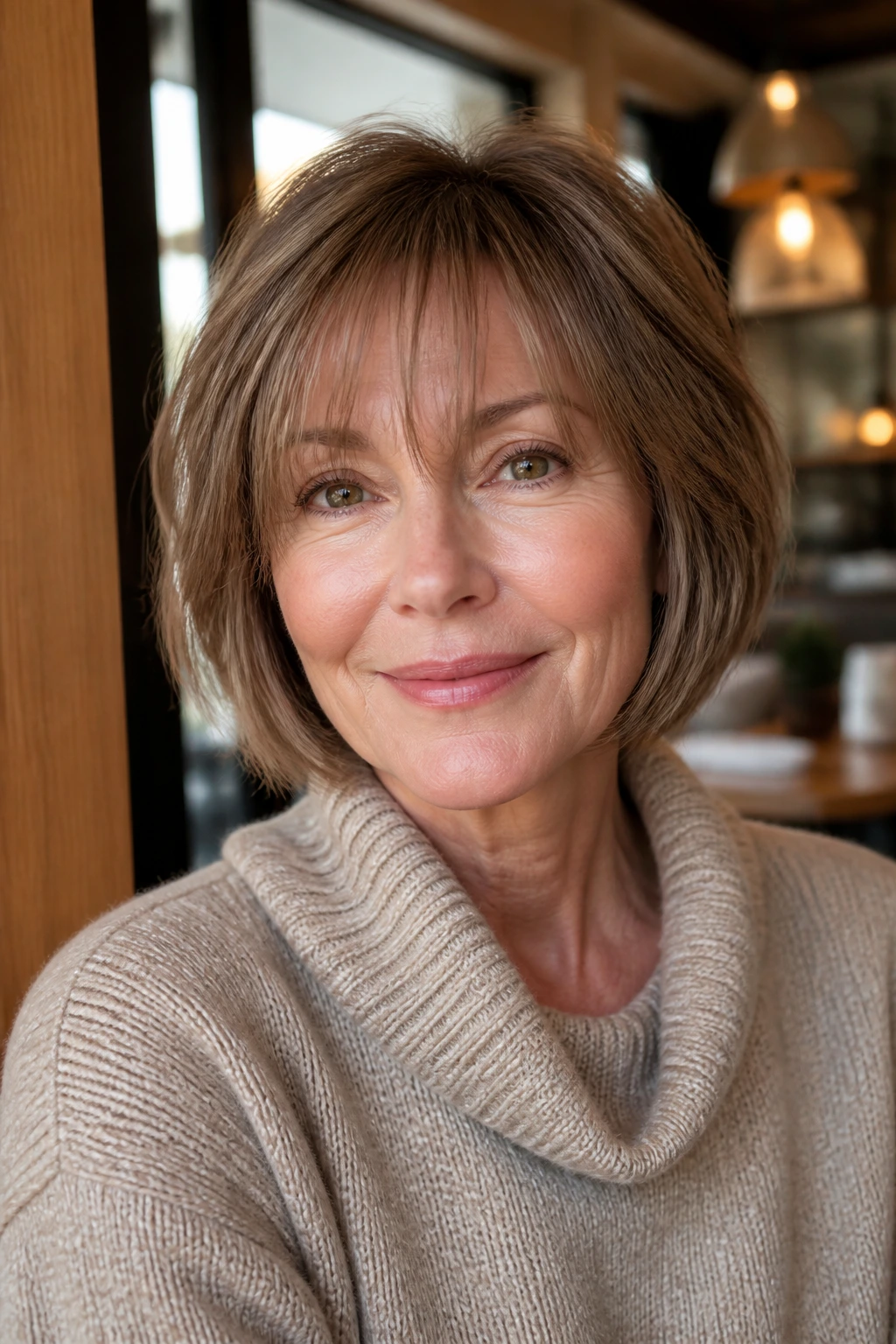 Real woman with jaw-skimming bob and wispy fringe in cozy cafe lighting