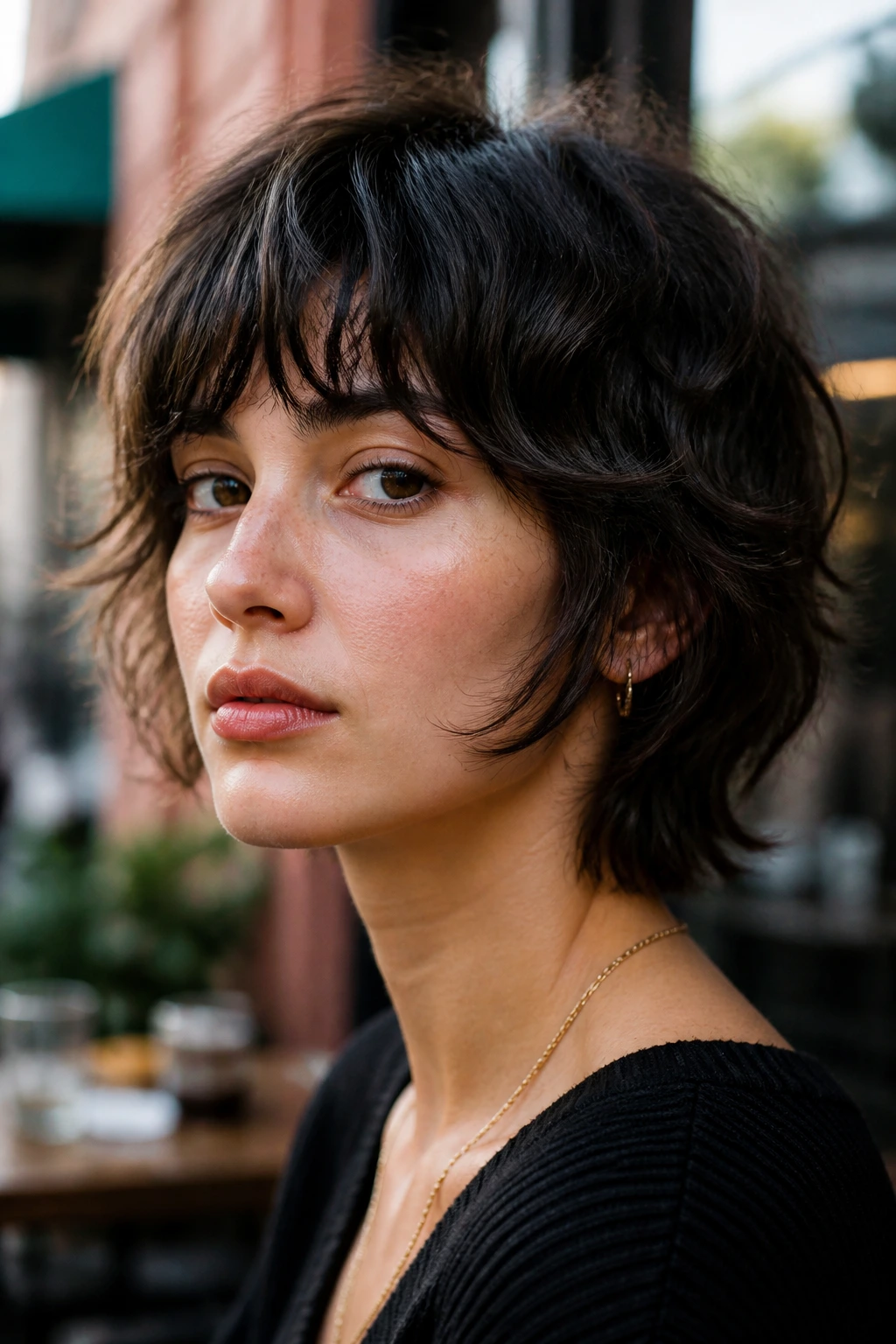 Close-up portrait of a real woman with Jaw-Skimming Choppy Wolfcut in urban cafe lighting