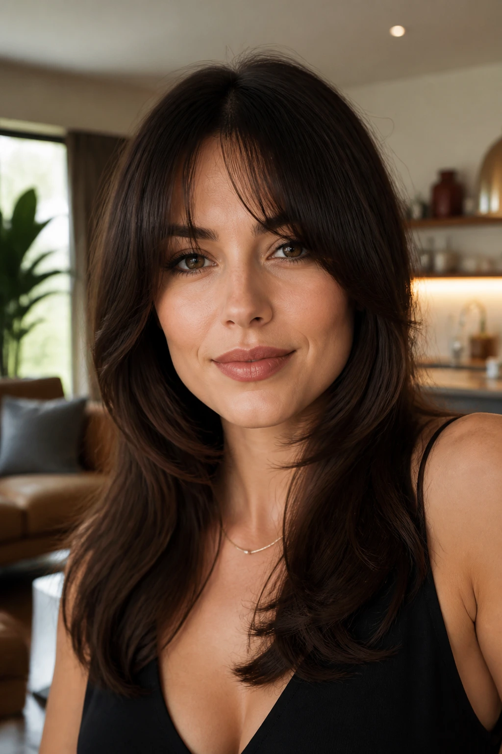 Close-up of a real woman with jaw-skimming crescent fringe in a softly lit room