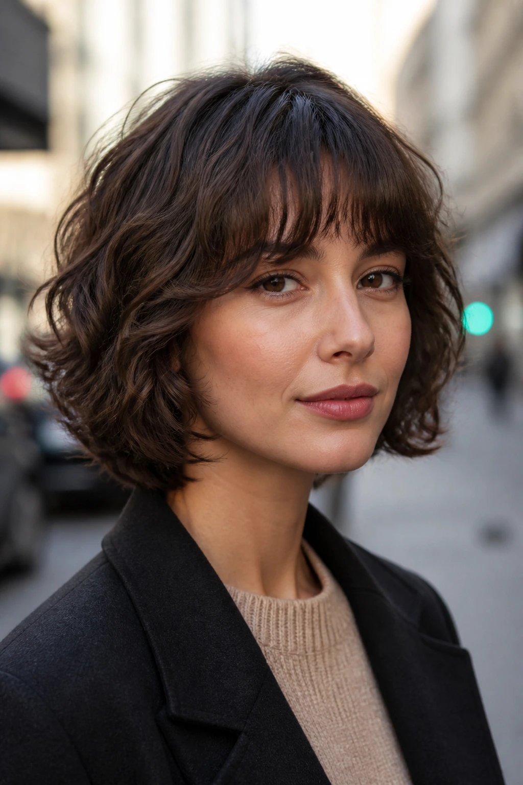 Close-up of a real person with jaw-skimming curled bob and feathered fringe.