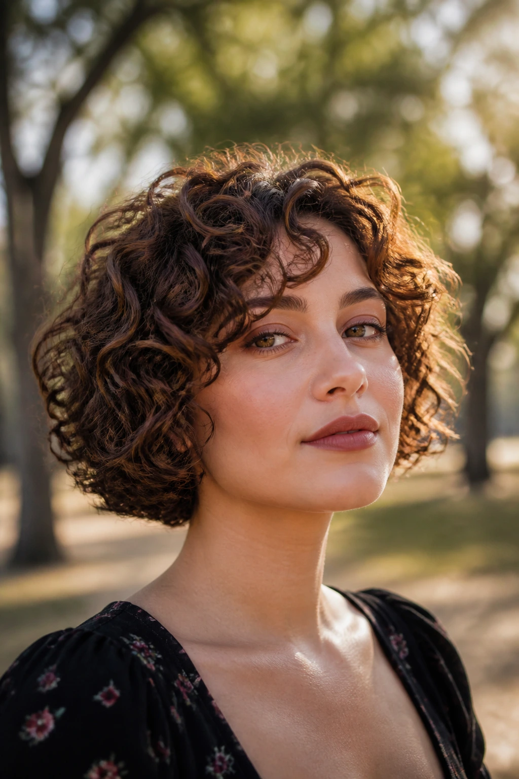 Close-up portrait of a real woman with a jaw-skimming curly cut and sable lowlights