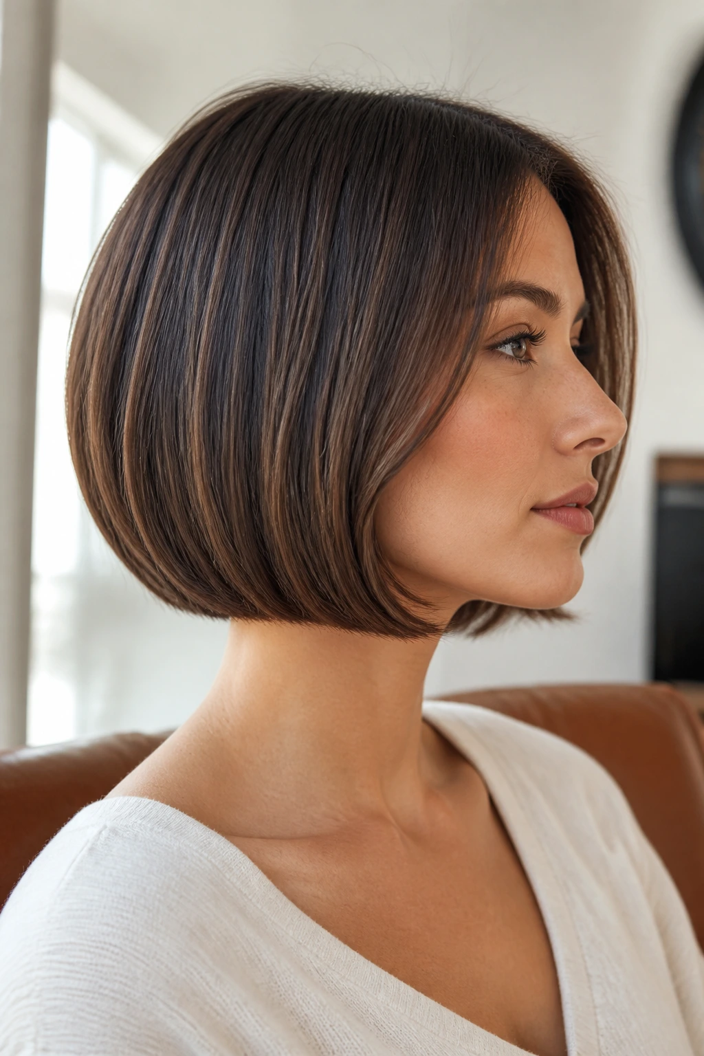 Side-profile of a real woman with a jaw-skimming curved bob hugging the jaw