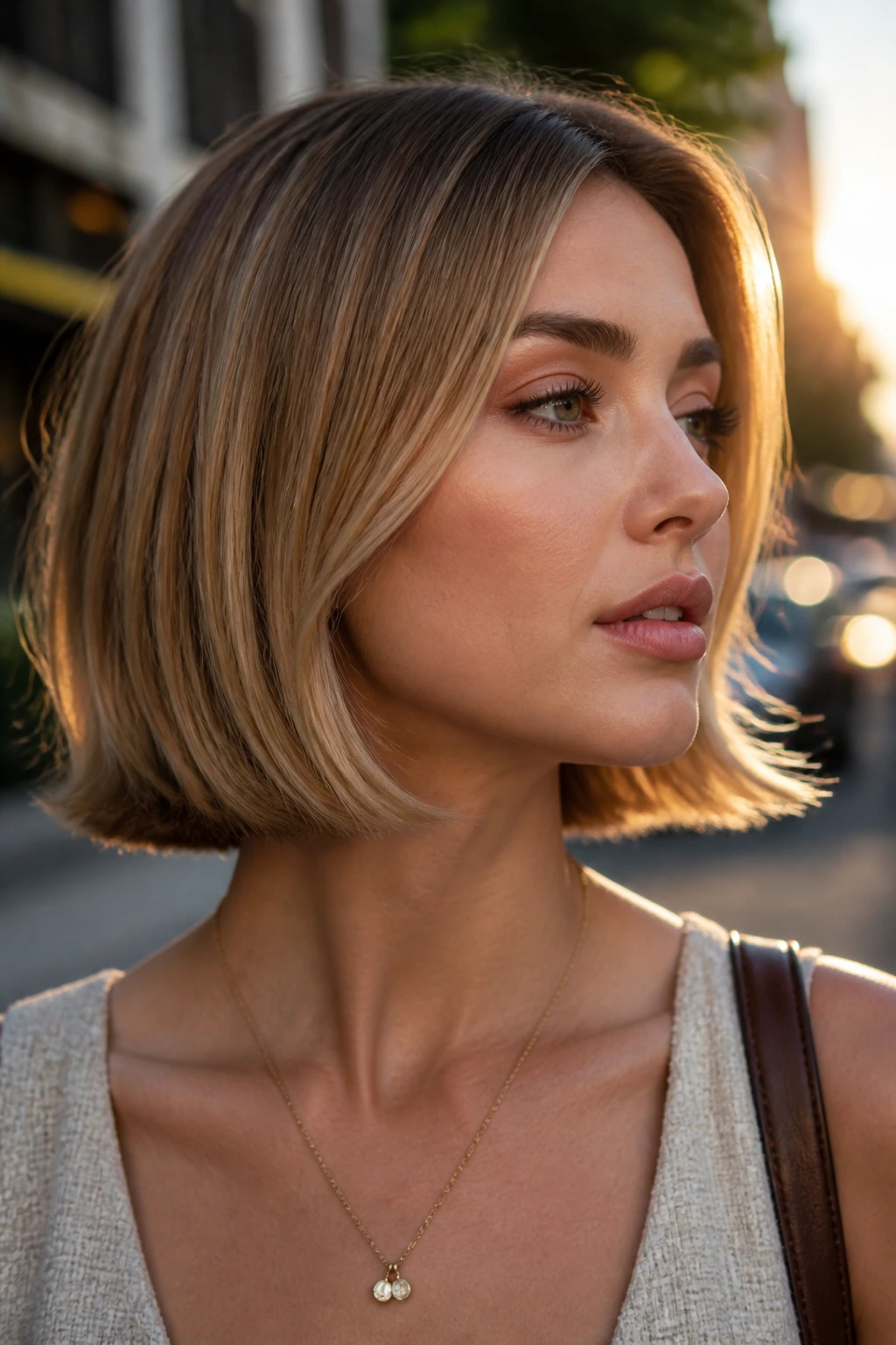 Close-up of outward-turning jaw-skimming ends on a real woman outdoors during golden hour