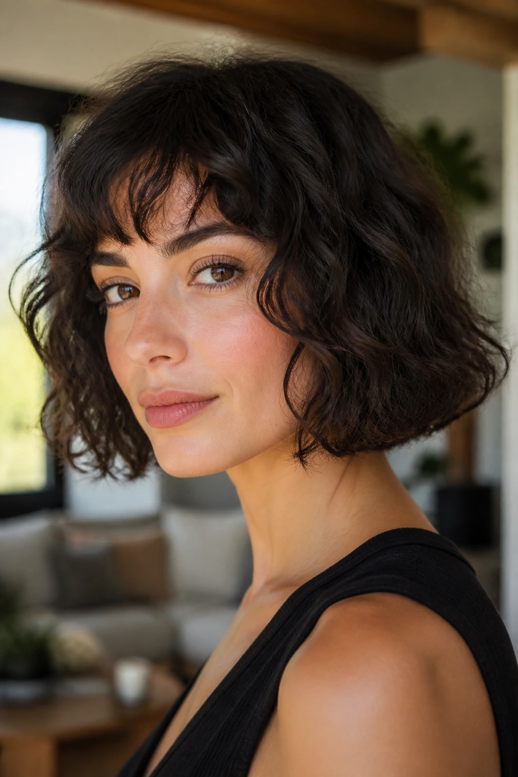 Close-up portrait of a real person with a jaw-skimming French bob and air-dried ends.