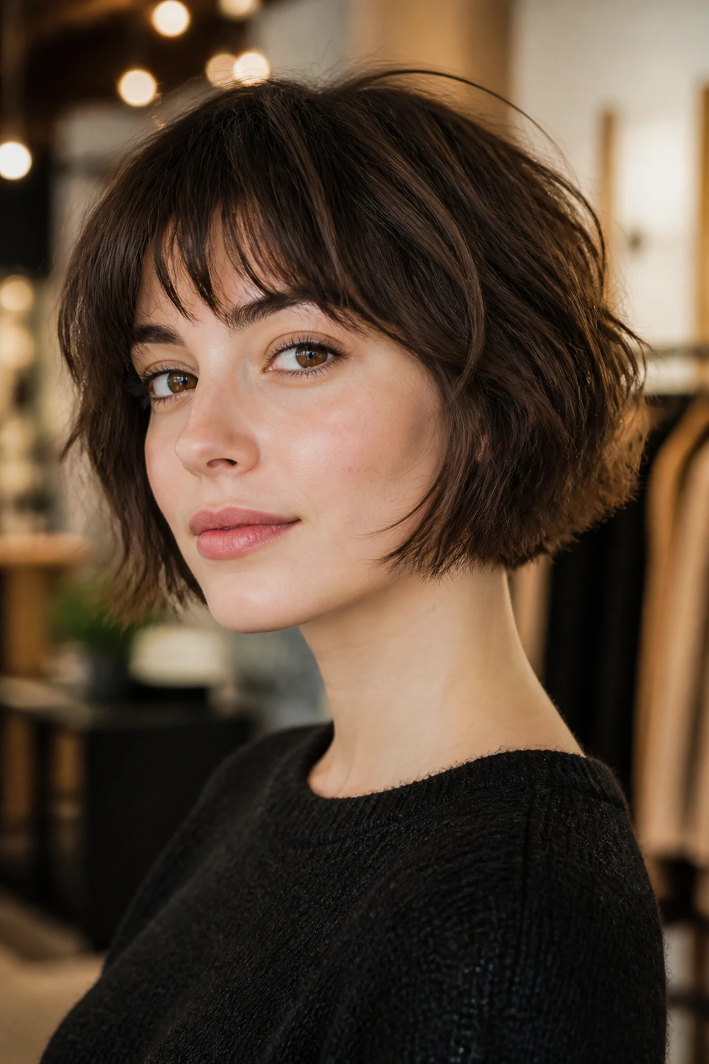 Close-up of a real person with jaw-skimming French bob and piecey ends.