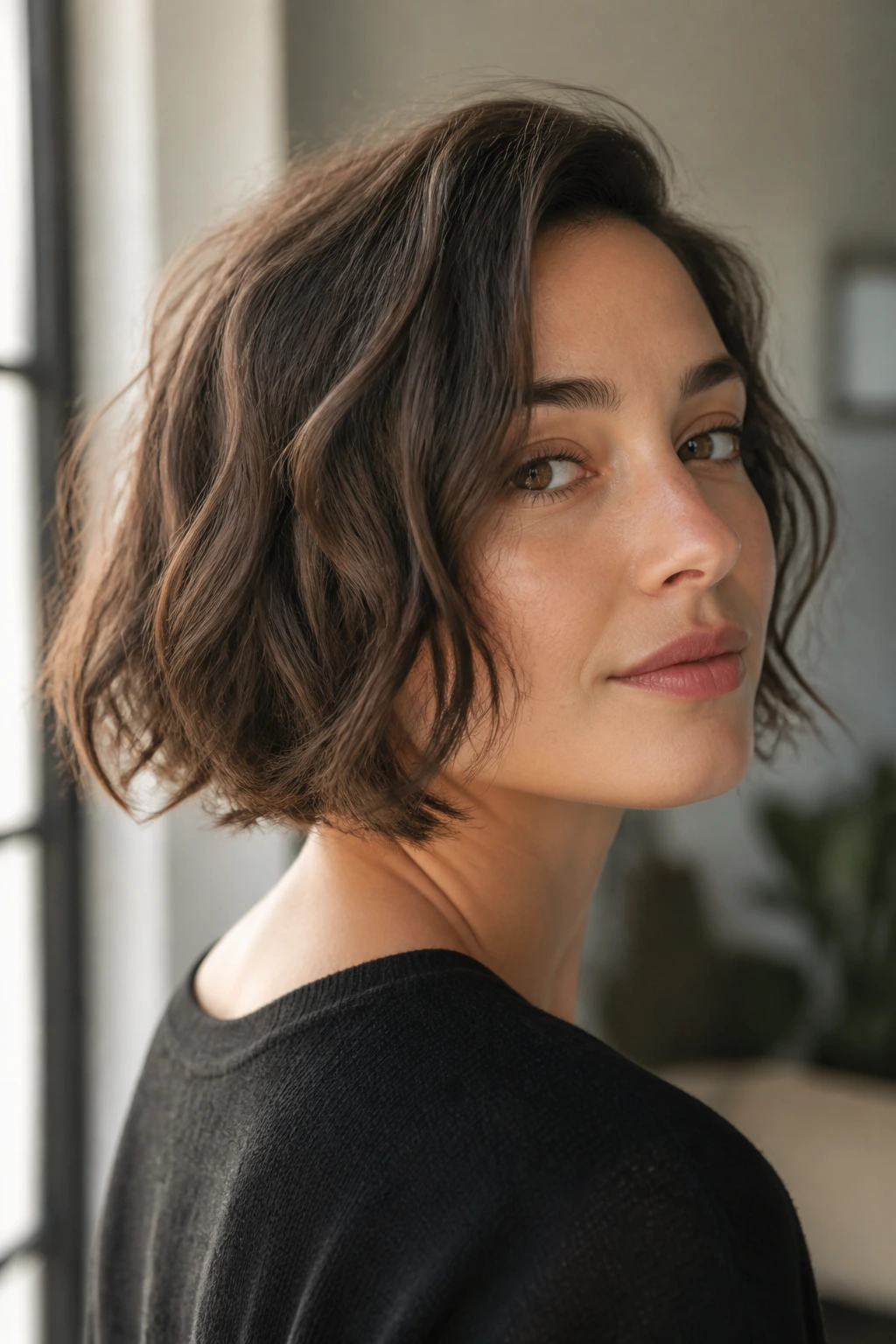 Jaw-skimming French bob on a real woman in soft light.