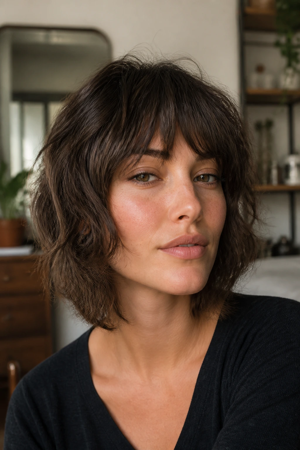 Portrait of a real woman with jaw-skimming French shag and cheek framing waves