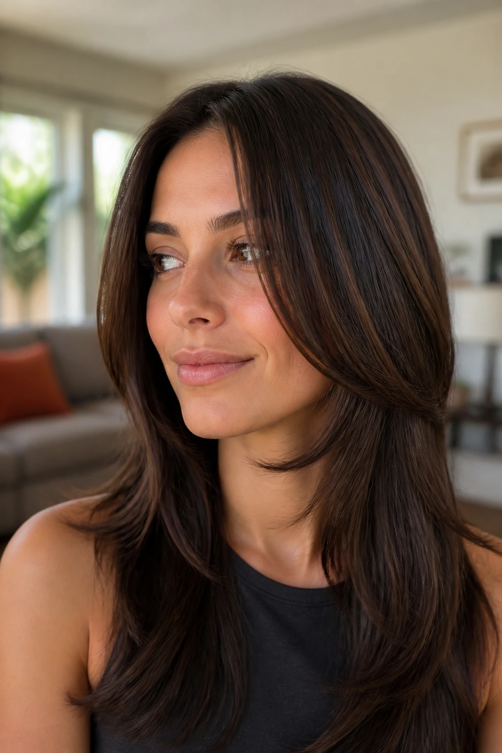 Close-up portrait of a real woman with soft jaw-skimming front pieces framing the jawline.