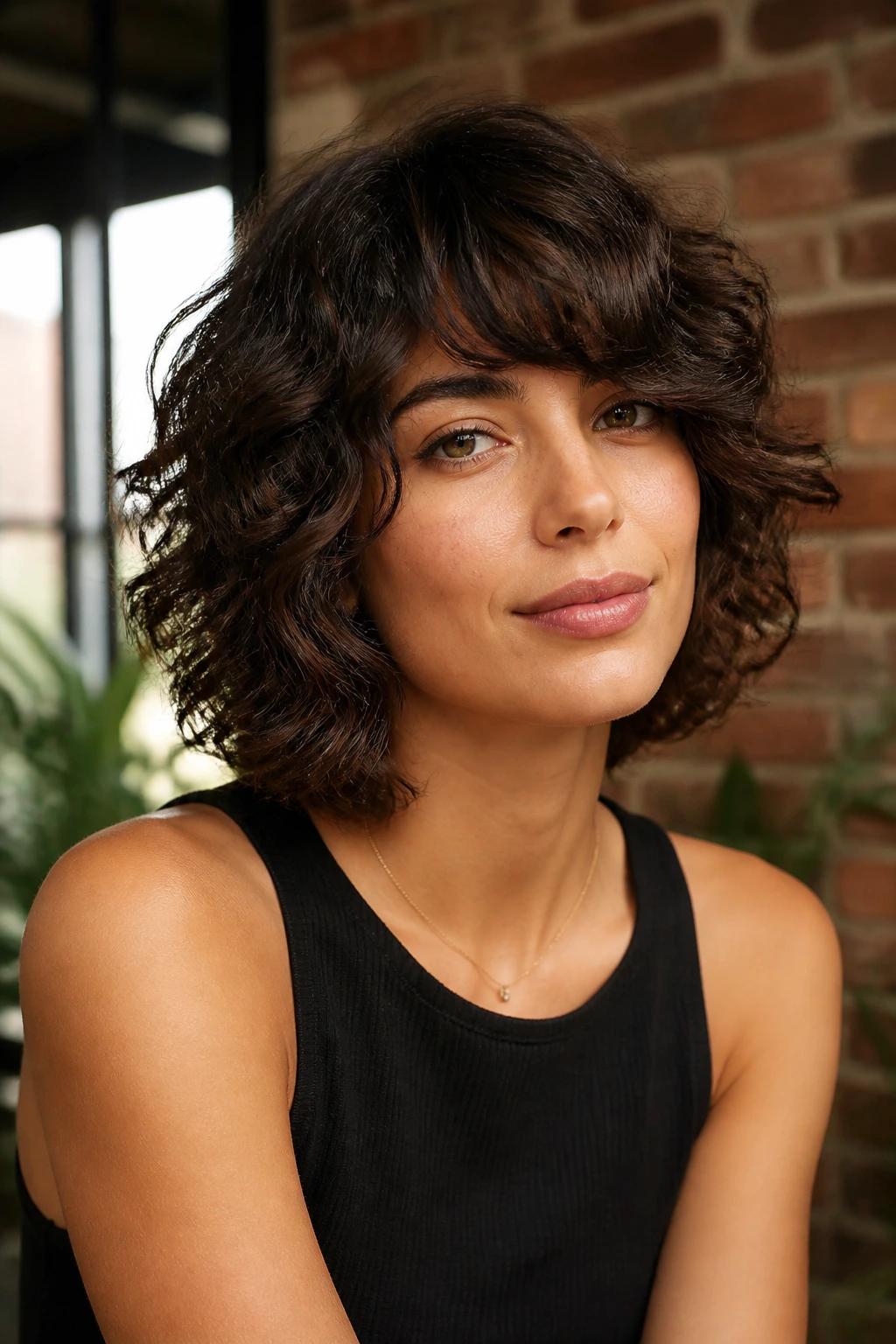 Real person with jaw-skimming layered curls and side-swept bangs