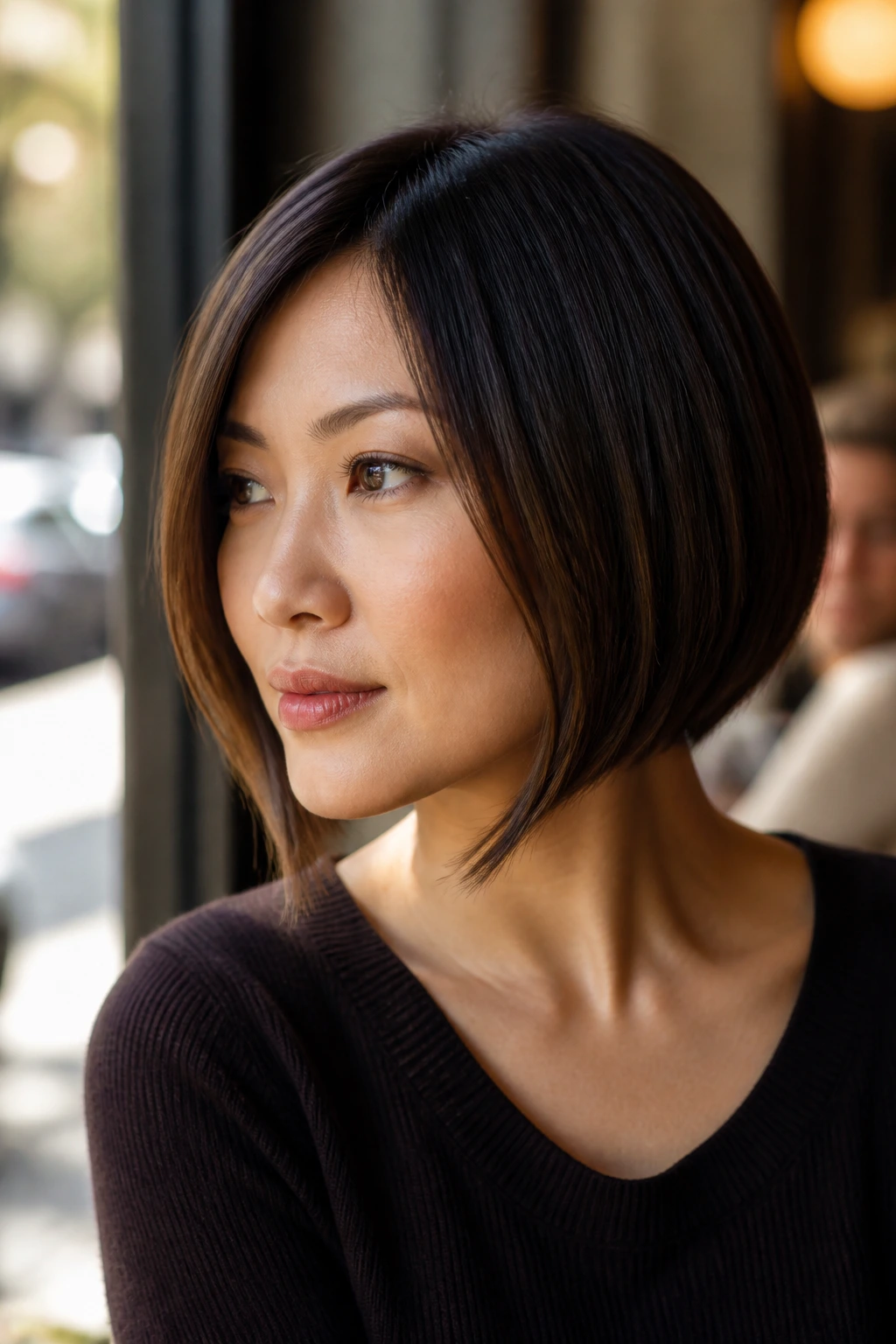 Close-up of real woman with jaw-skimming long-front bob front pieces below jaw