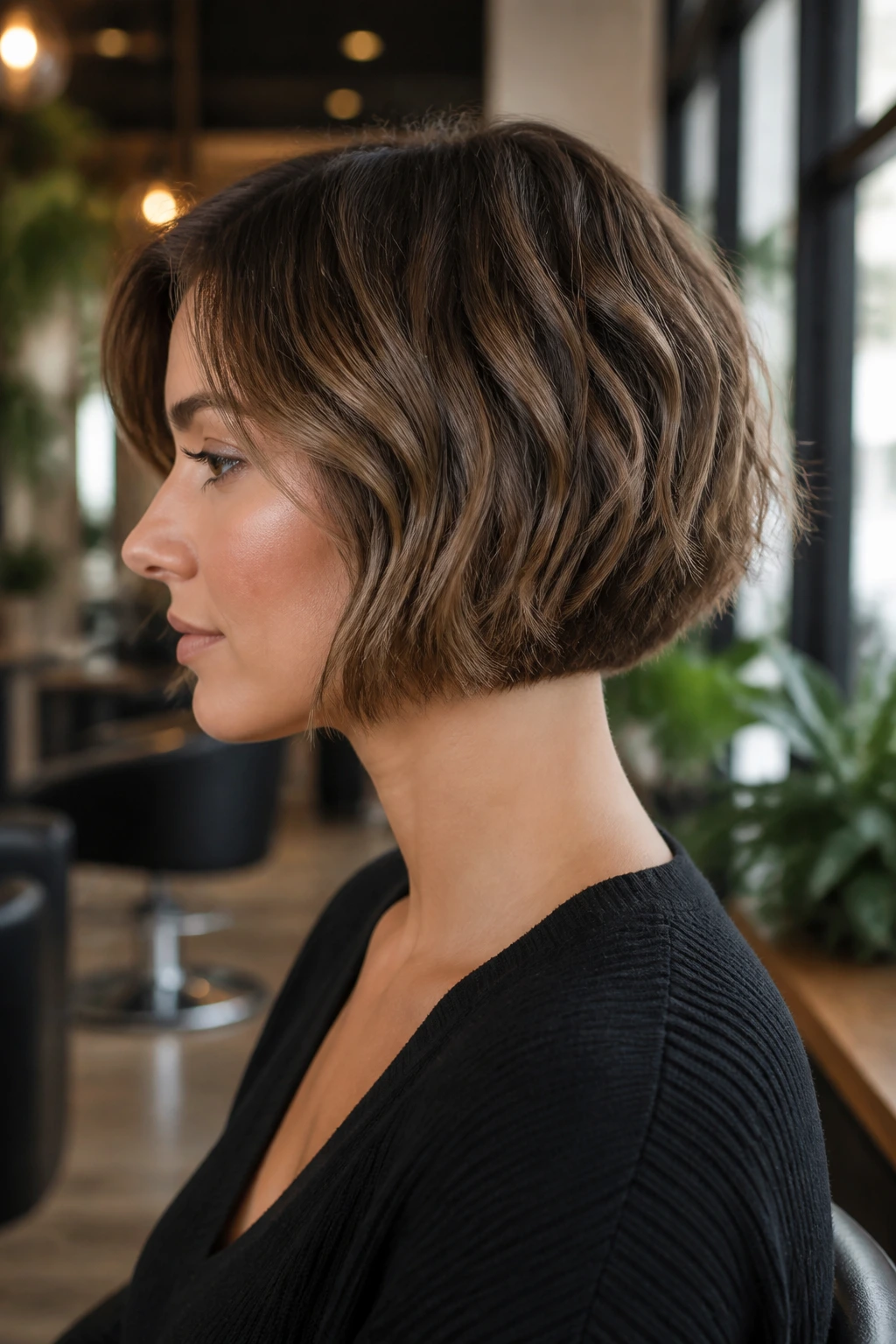 Profile of real woman with jaw-skimming bob and tapered ends in a modern salon setting.