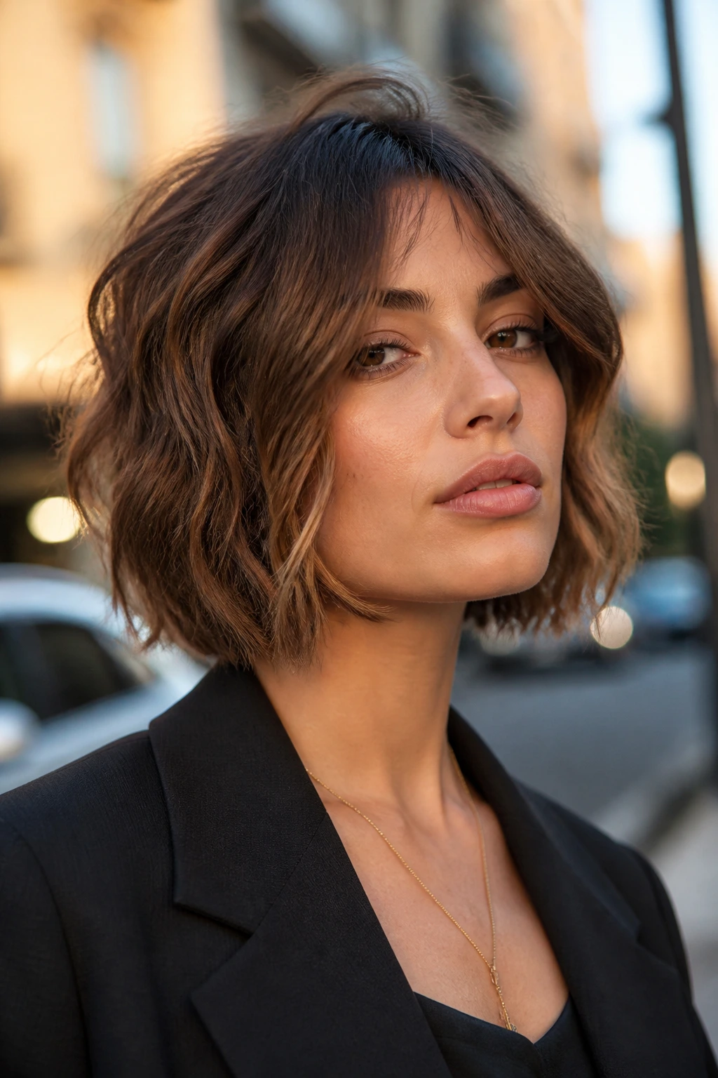 Close-up of a real woman with jaw-skimming textured bob-lob hybrid