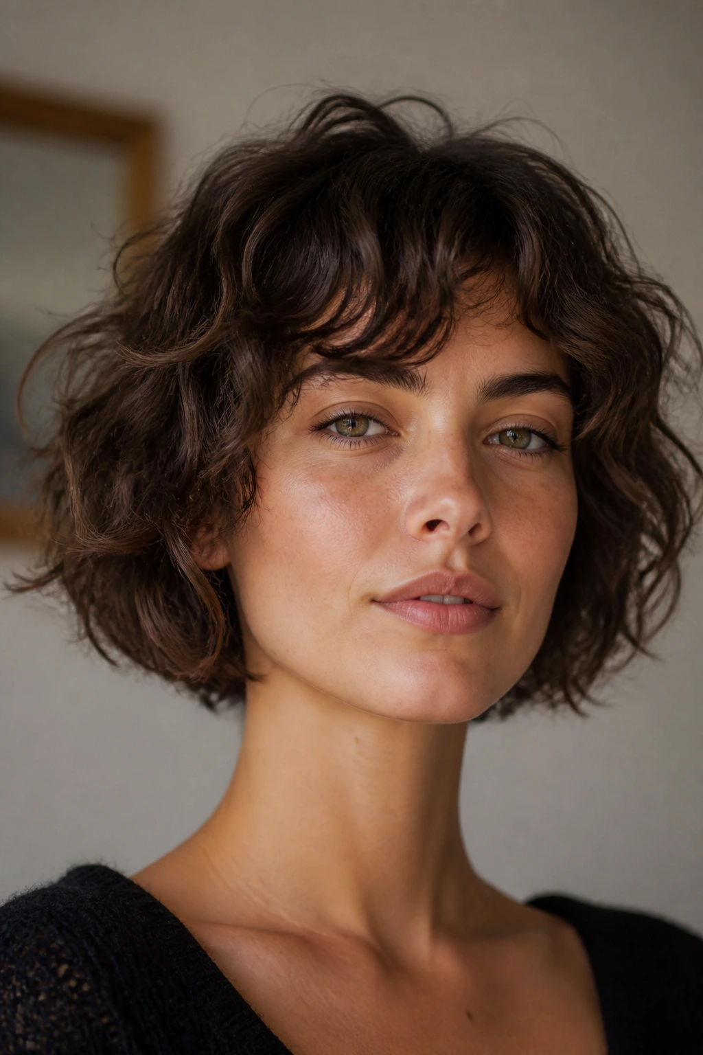 Close-up of a woman with a jaw-skimming tousled bob and invisible layers