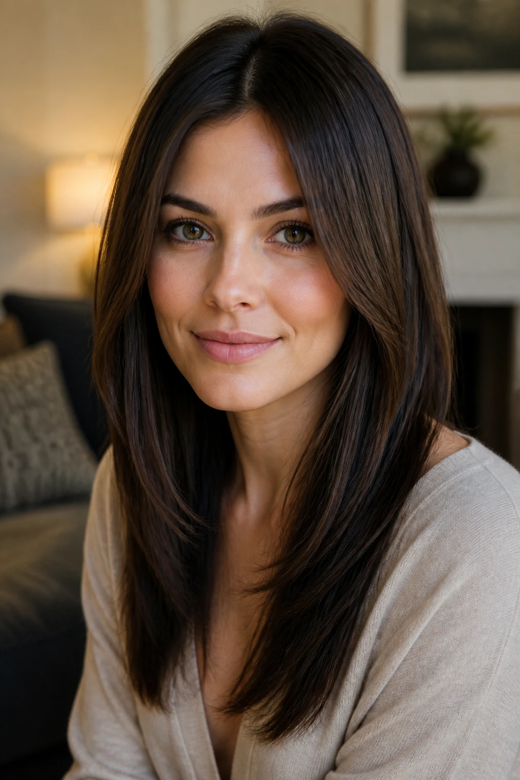 Portrait of a real woman with jaw-skimming face frames softening the jaw
