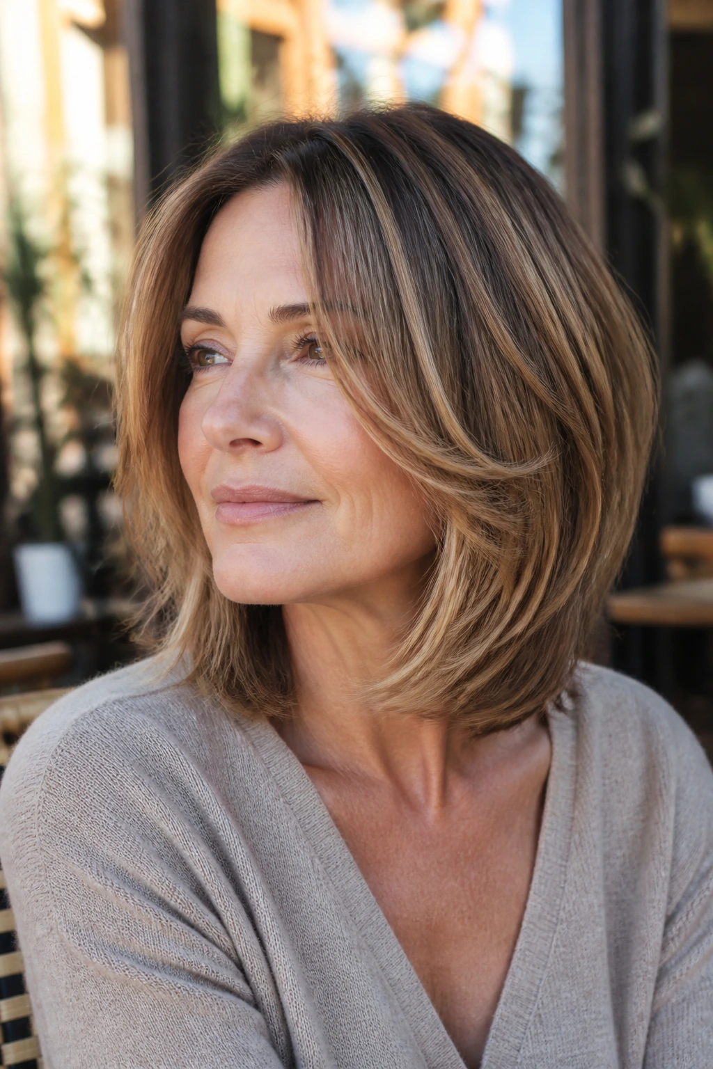 Real woman with jaw-softening layers wrapping around the jaw on a sunny cafe terrace.