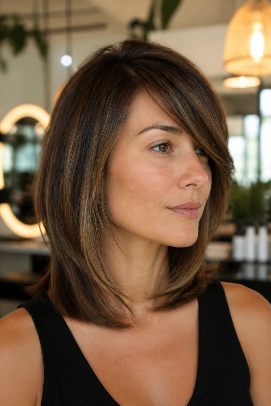 Close-up portrait of a woman with jaw-softening curved layers starting below the jaw
