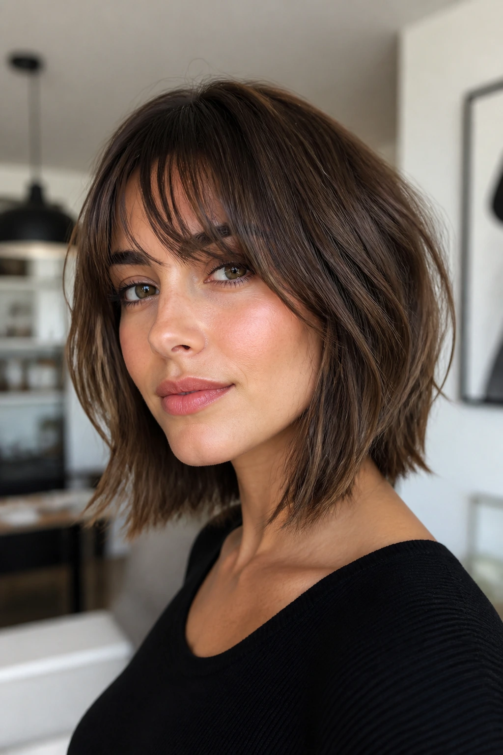 Portrait of woman with jaw-softening lob and piecey bangs framing the jaw.