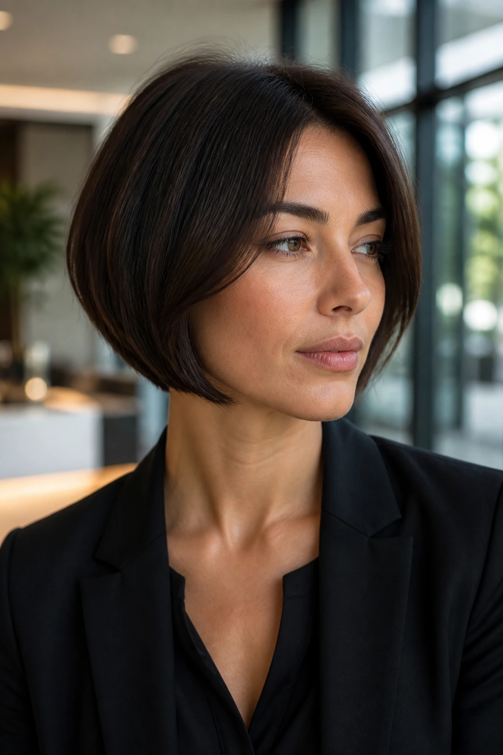 Close-up portrait of a real woman with a jaw-length bob and tapered sides highlighting the jawline.