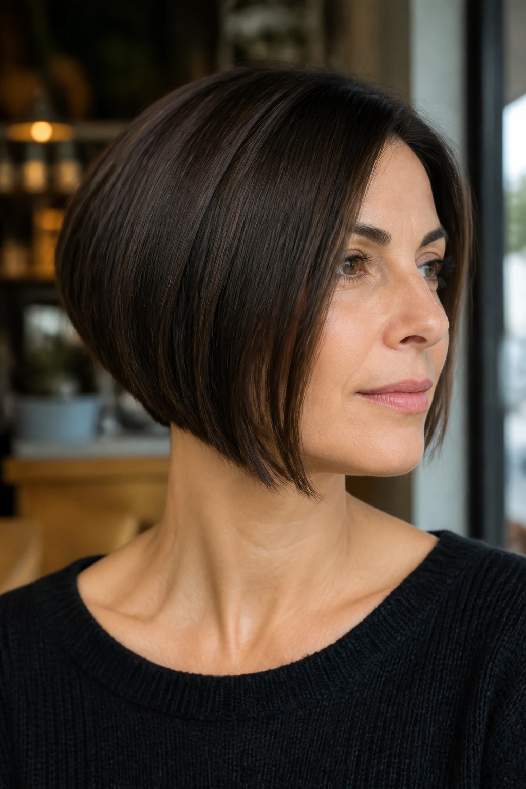 Portrait of a real woman with a jawline-skimming A-line bob from the side