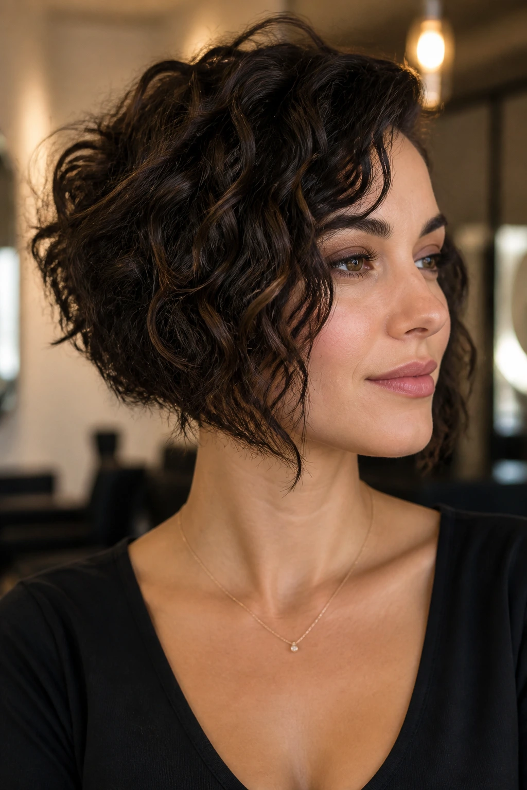 Real woman with jawline-angle bob and nape taper