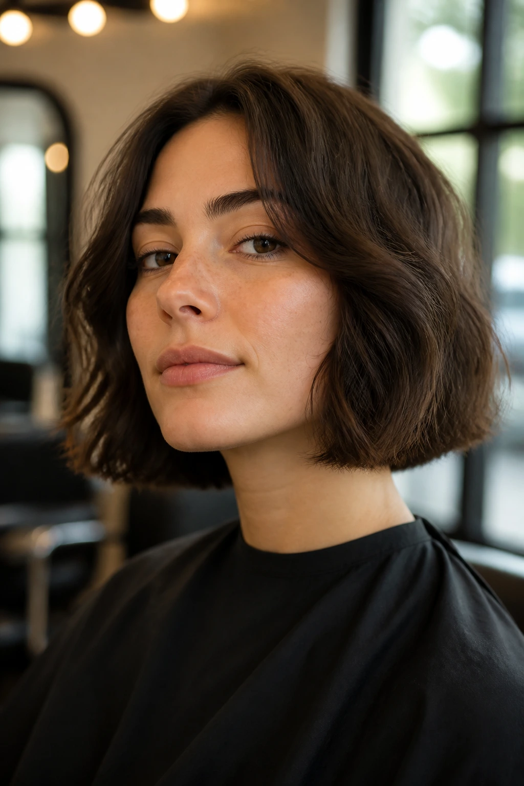 Close-up of a real person with a jaw-length blunt haircut illustrating the jaw-heavy mistake