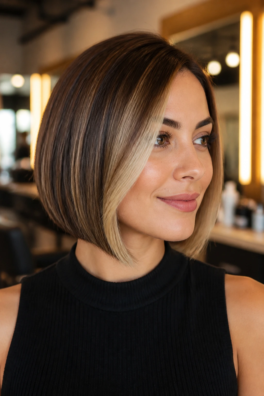 Close-up of a real woman with jawline A-line bob and bright front panel