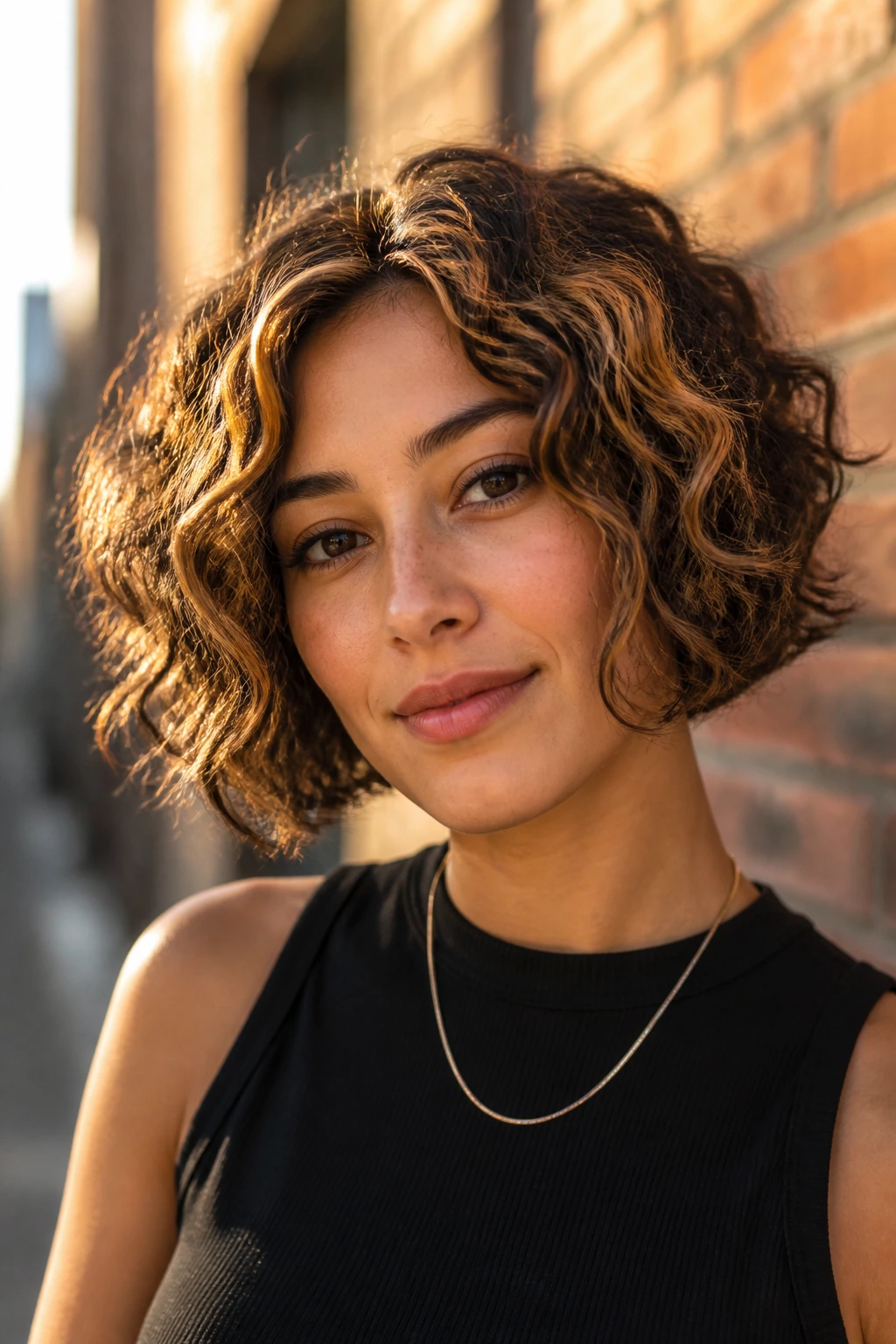 Close-up of a woman with jawline curly bob and chunky caramel panels.