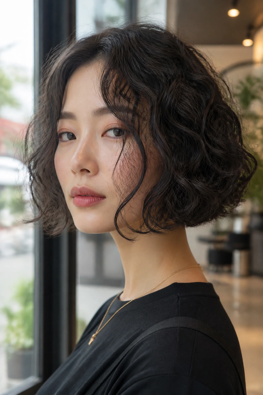 Close-up of a real woman with jawline bob and face-framing curly pieces