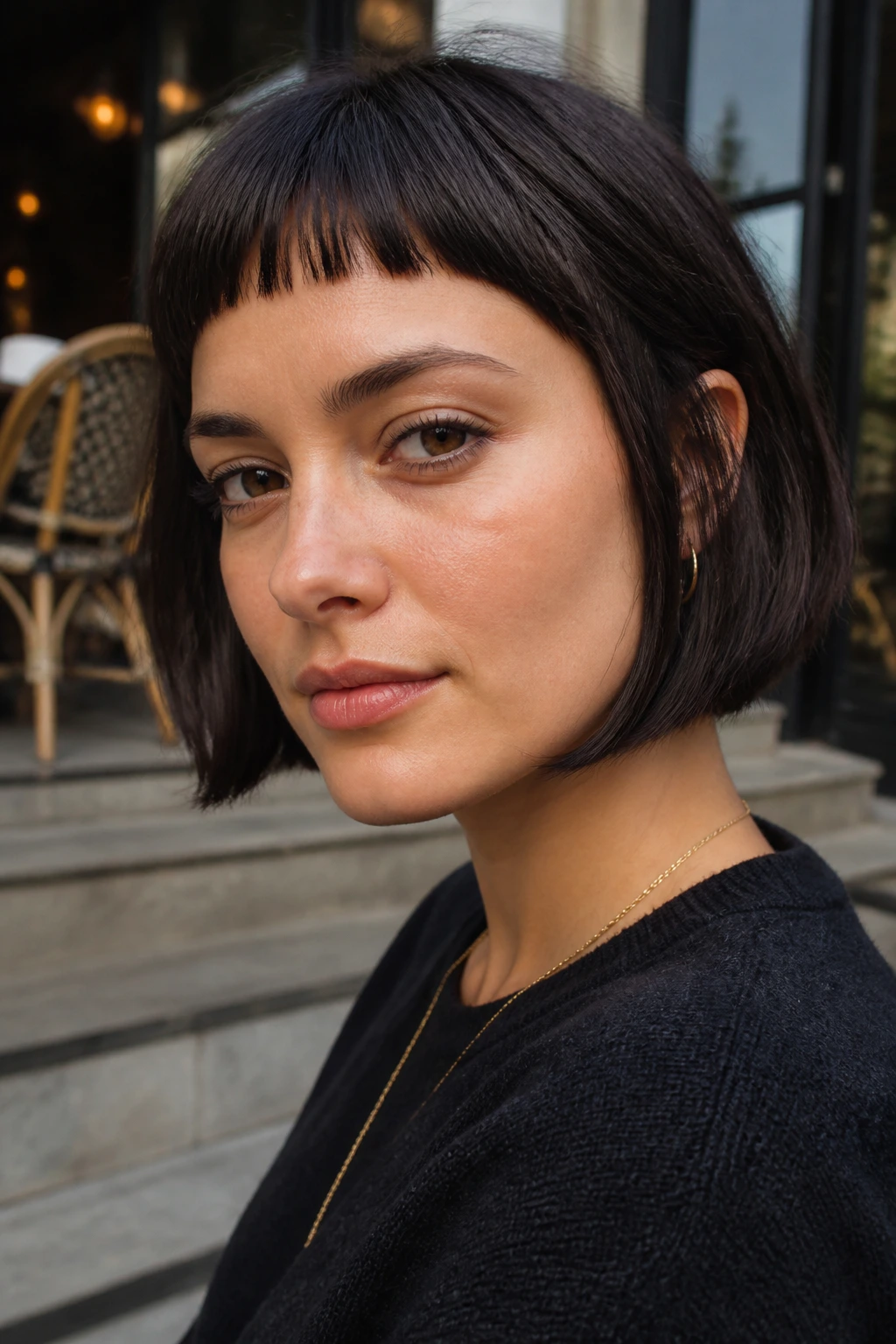 Close-up of a woman with a jawline bob and micro fringe.