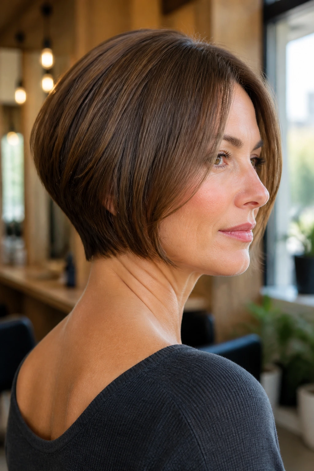 Close-up portrait of a real woman with a jawline bob featuring hidden graduation, warm lighting
