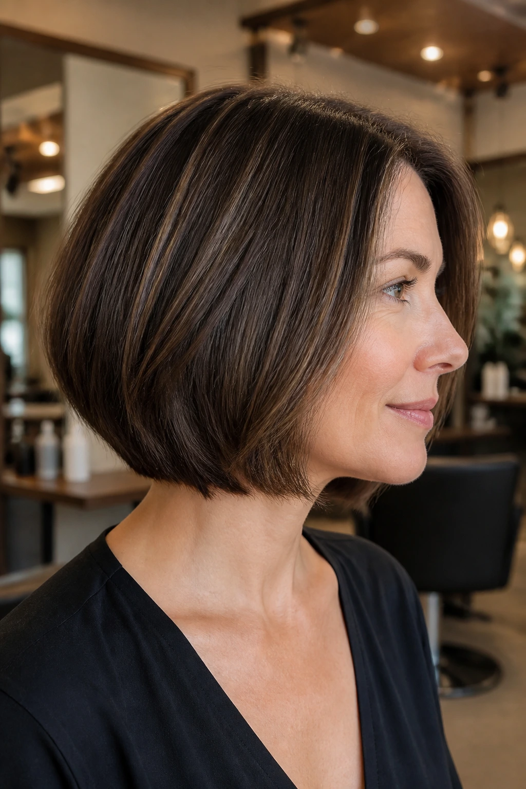 Close-up of a real woman with a jawline bob showing hidden layers under soft salon light
