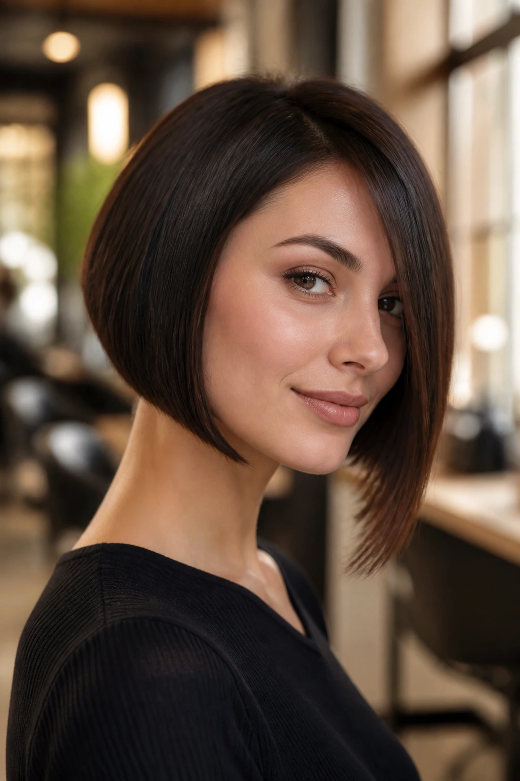 Close-up portrait of a woman with a sleek jawline bob and a long front piece