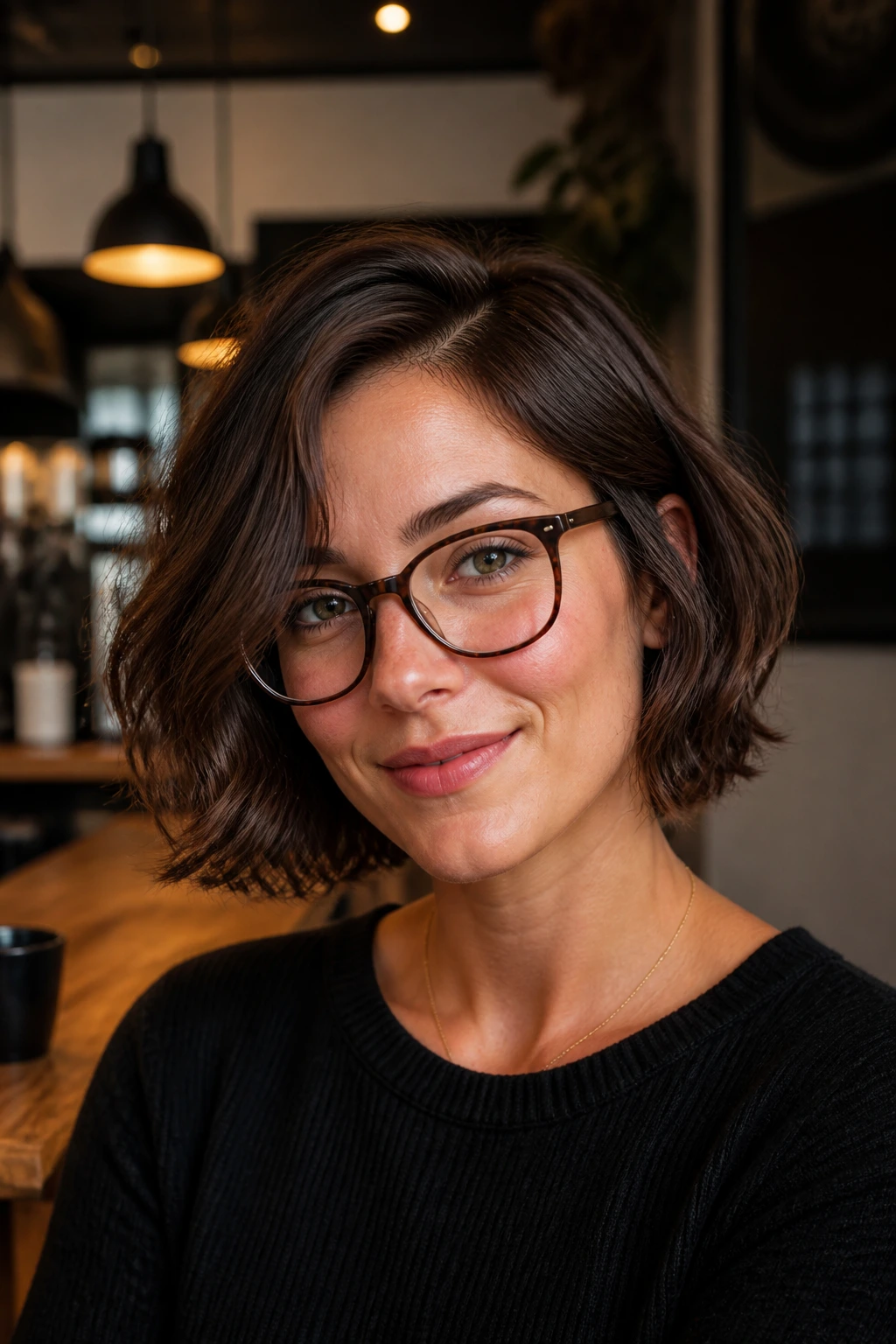 Close-up of a real woman with a jawline-length bob and an off-center part