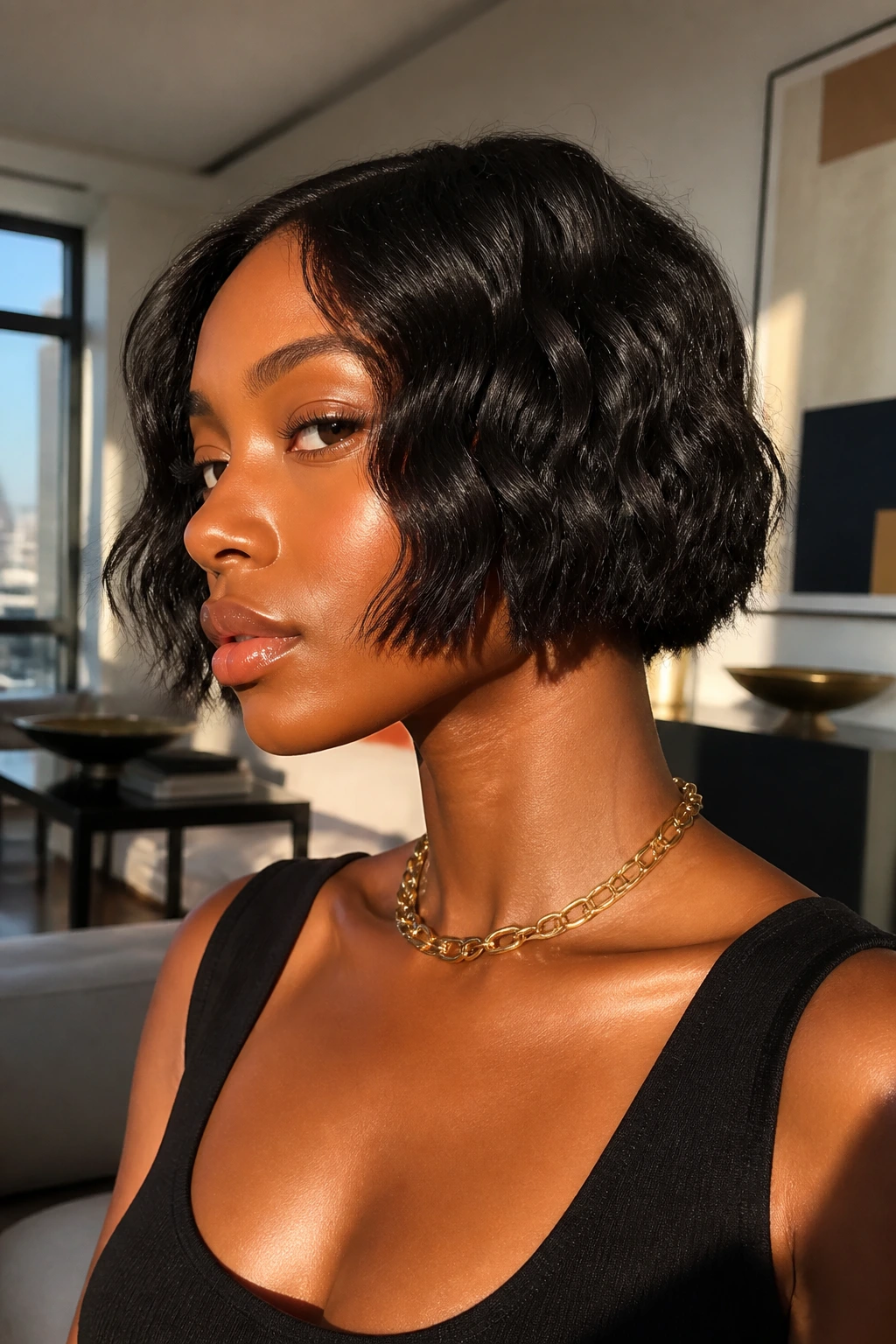 Close-up of a Black woman with a jawline-length piecey textured bob