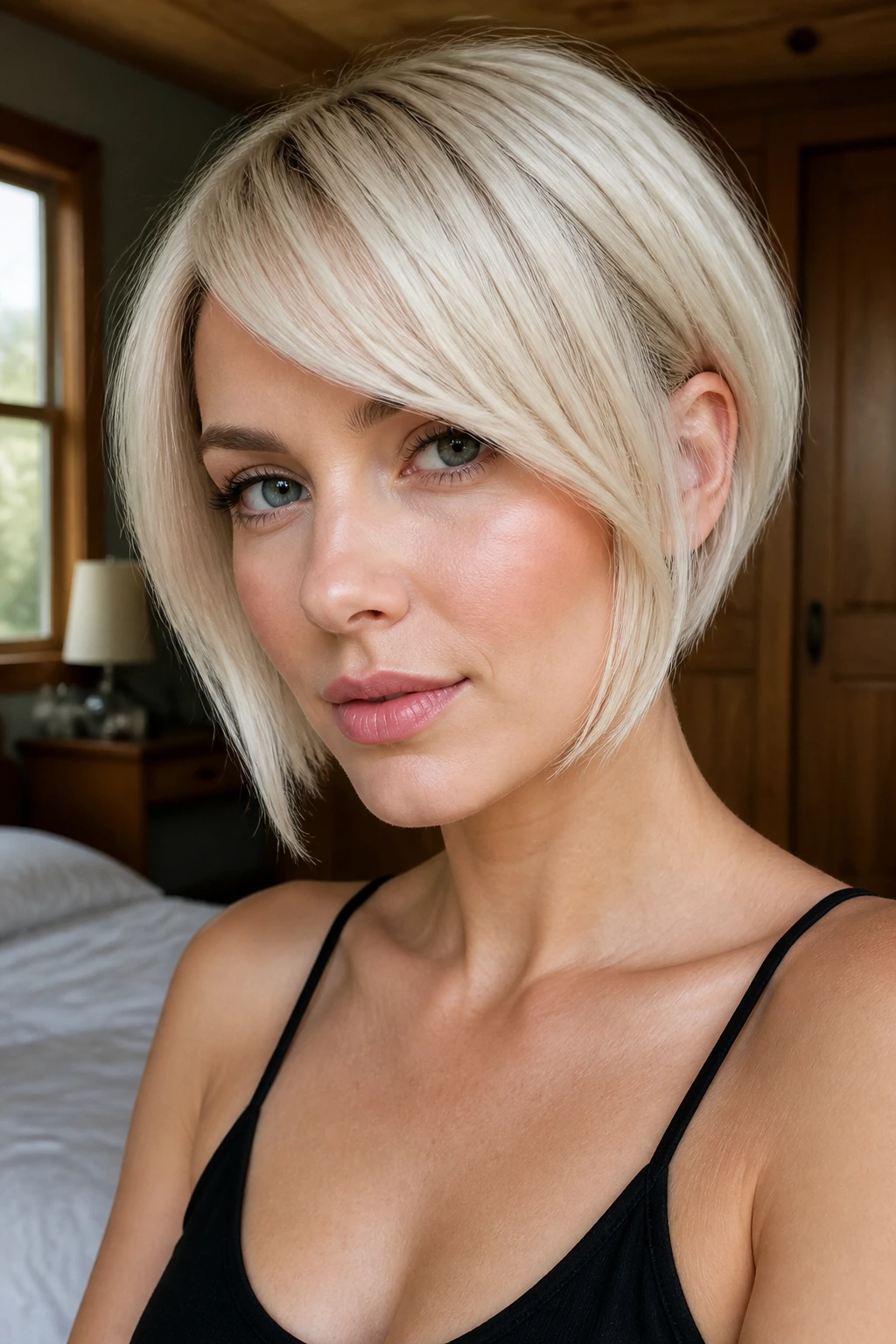 Close-up portrait of a real woman with a jawline-length platinum bob and delicate side fringe.