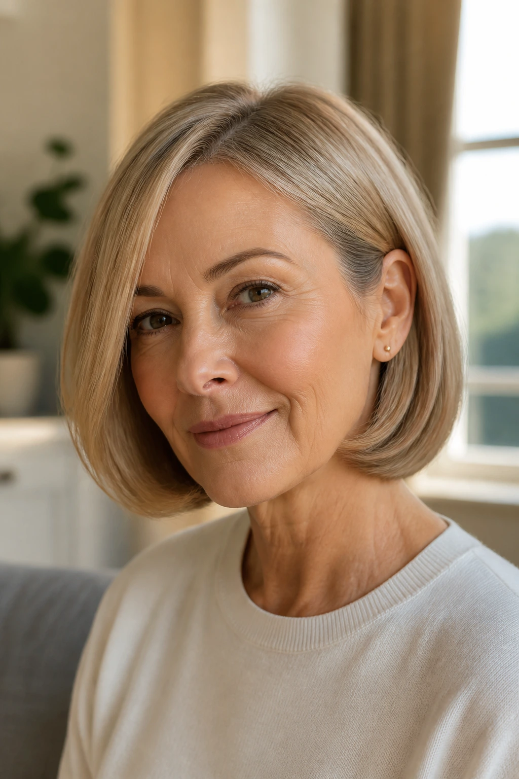 Close-up portrait of a real woman in her 50s with a tucked-in jawline bob, showcasing a clean face-framing line