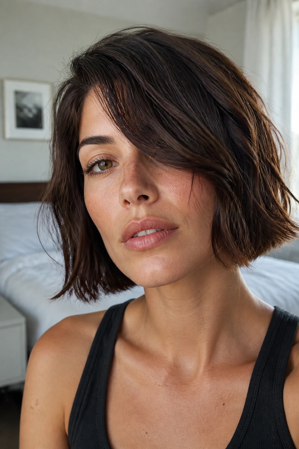Portrait of a real person with jawline bob and long side bangs in soft daylight