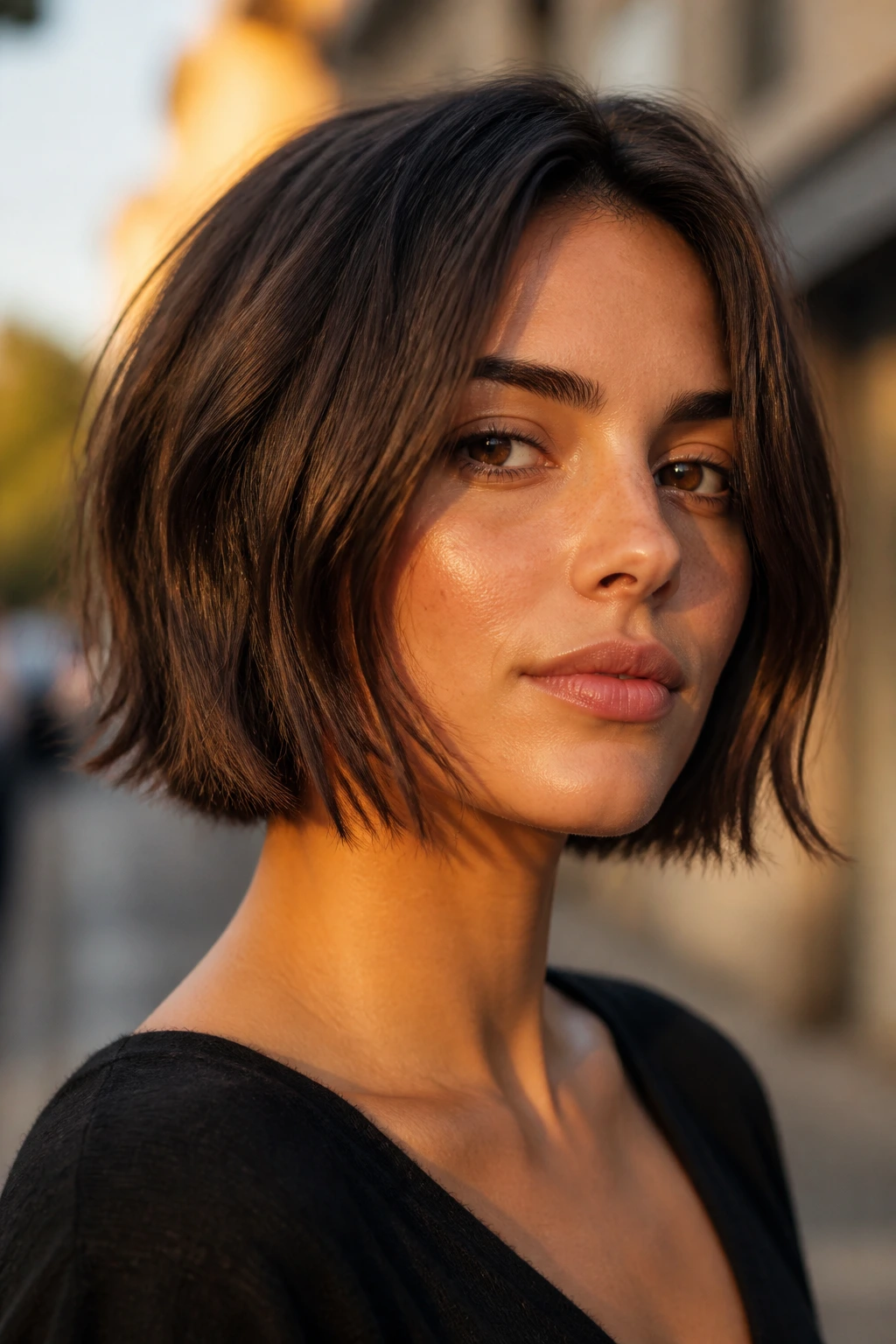 Real woman with messy jawline bob and sliced ends in golden hour street light.