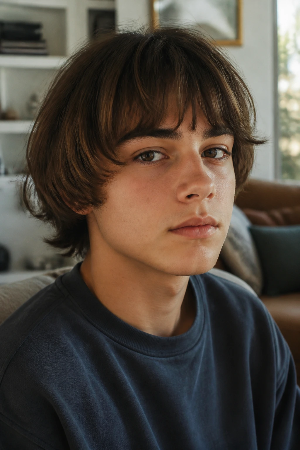 Teen boy with jawline bob and soft fringe in portrait.