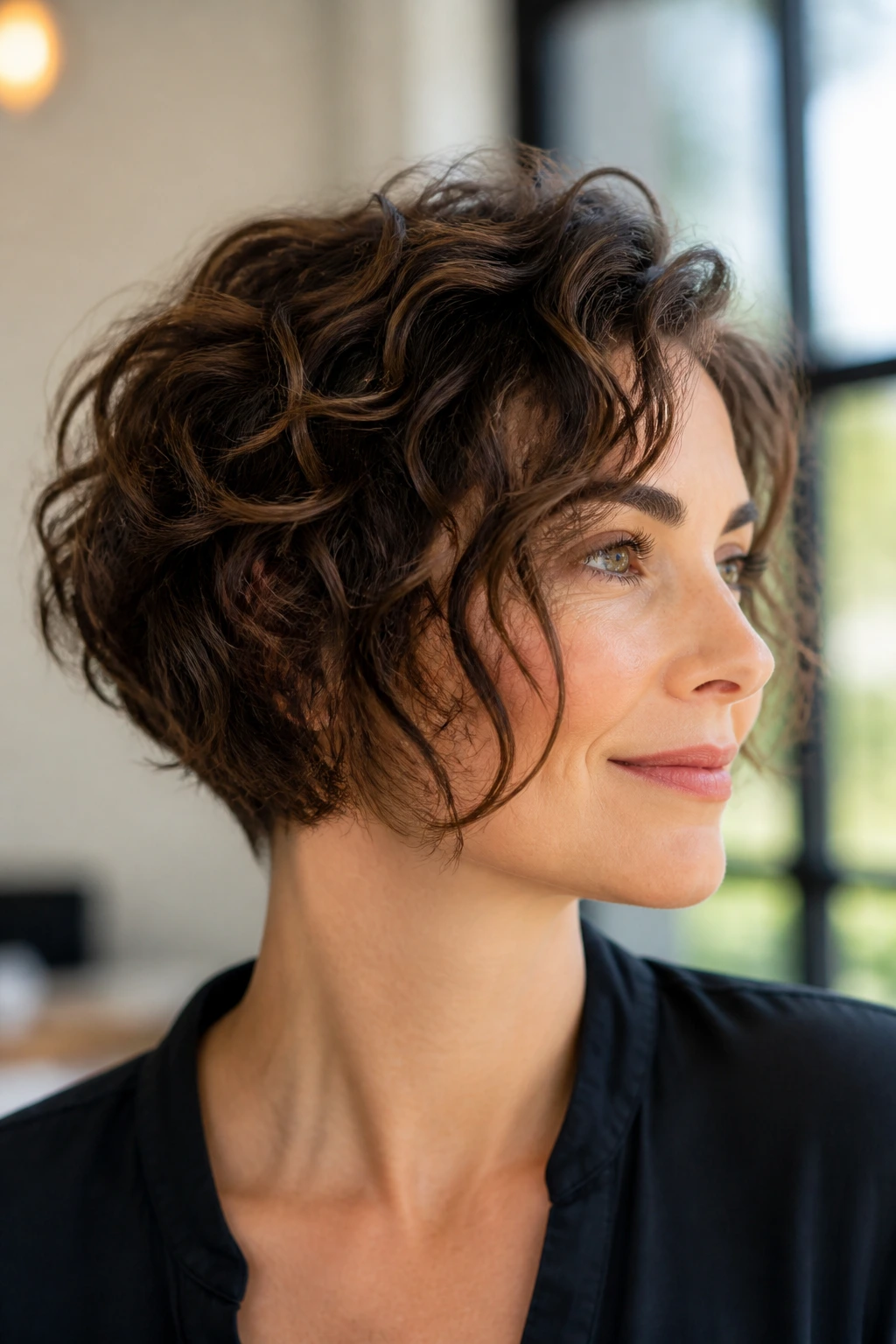 Close-up of a real person with jawline brush curly bob-pixie