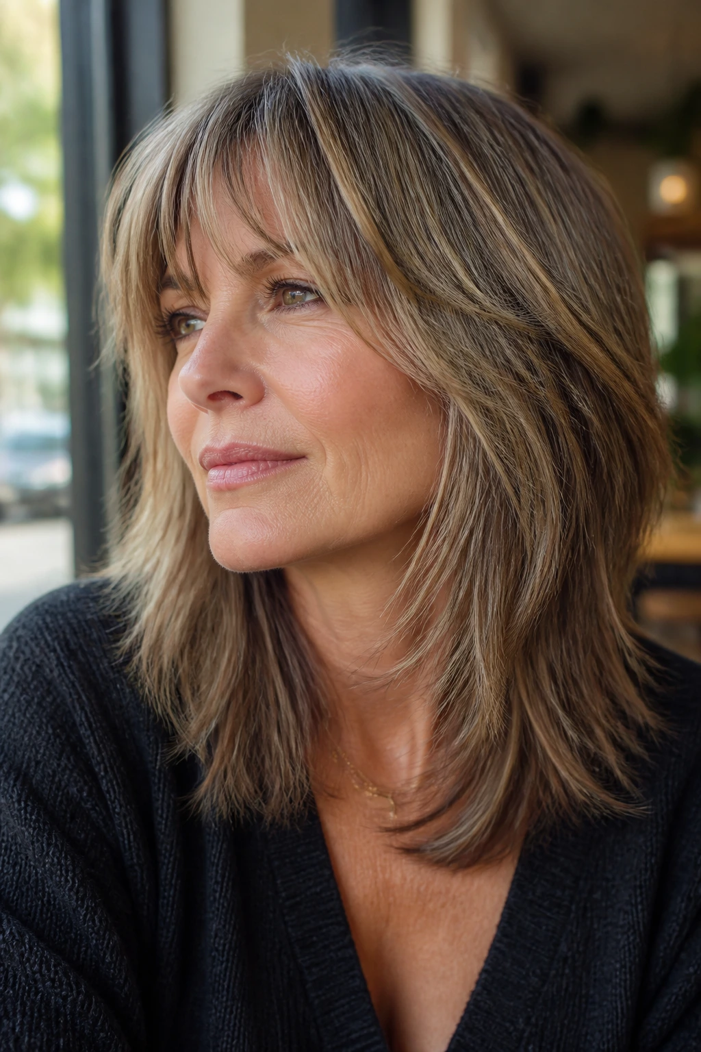 Portrait of a real woman with jaw and collarbone-length layered hair forming a diagonal line
